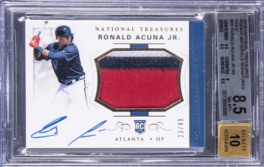 2018 Panini National Treasures #59 Ronald Acuna Jr. Signed Patch Rookie Card (#23/49) - BGS NM-MT+ 8.5/BGS 10